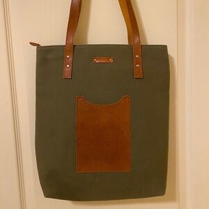 MOST WANTED USA Brand  15.5H X 14W Large Multi Pocket Tote Leather/Canvas Olive